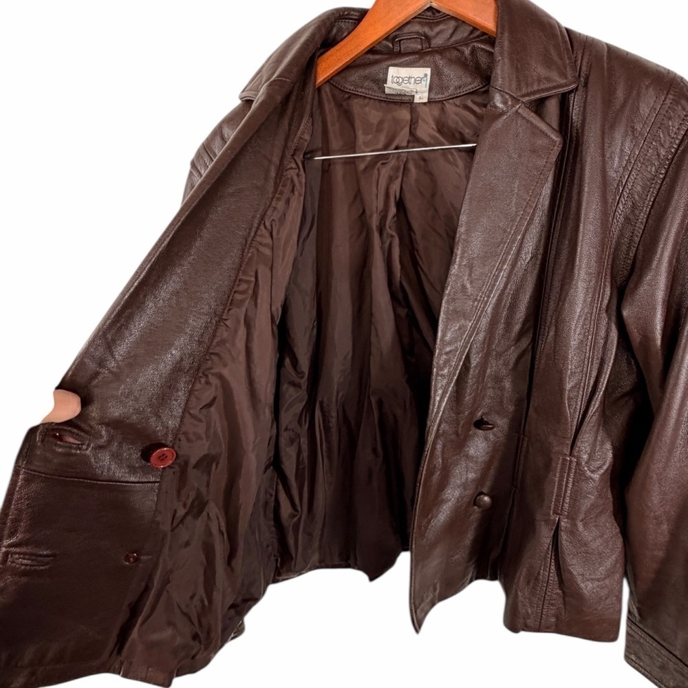 Together 9 Vintage Brown Genuine Leather Double Breasted Blazer Women’s Large - Picture 9 of 16